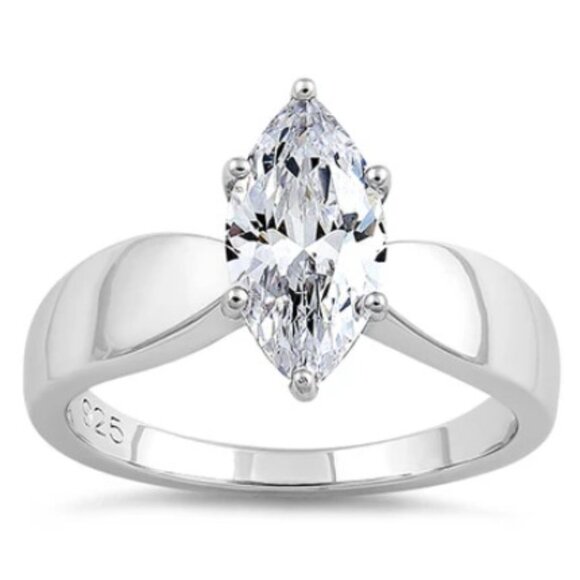 925 STERLING SILVER Marquise Cut Solitaire Ring Clear Cubic Zirconia - Picture 14 of 16